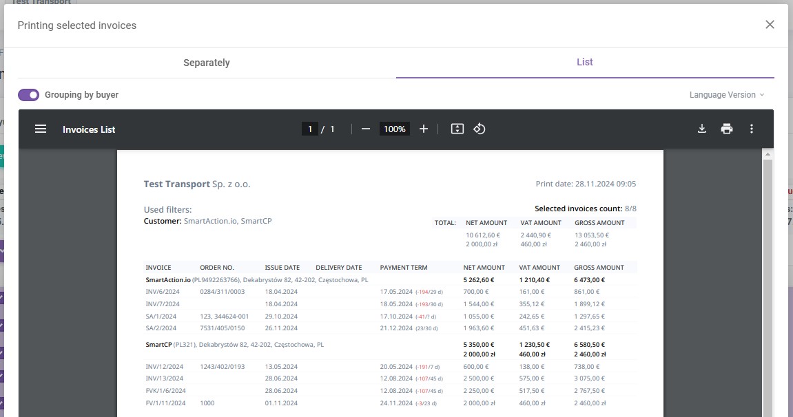 Step 2: Generated invoices list