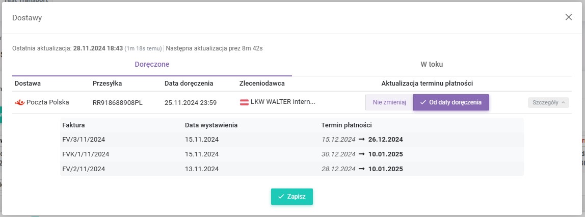 Aktualizacja dostarczonych faktur