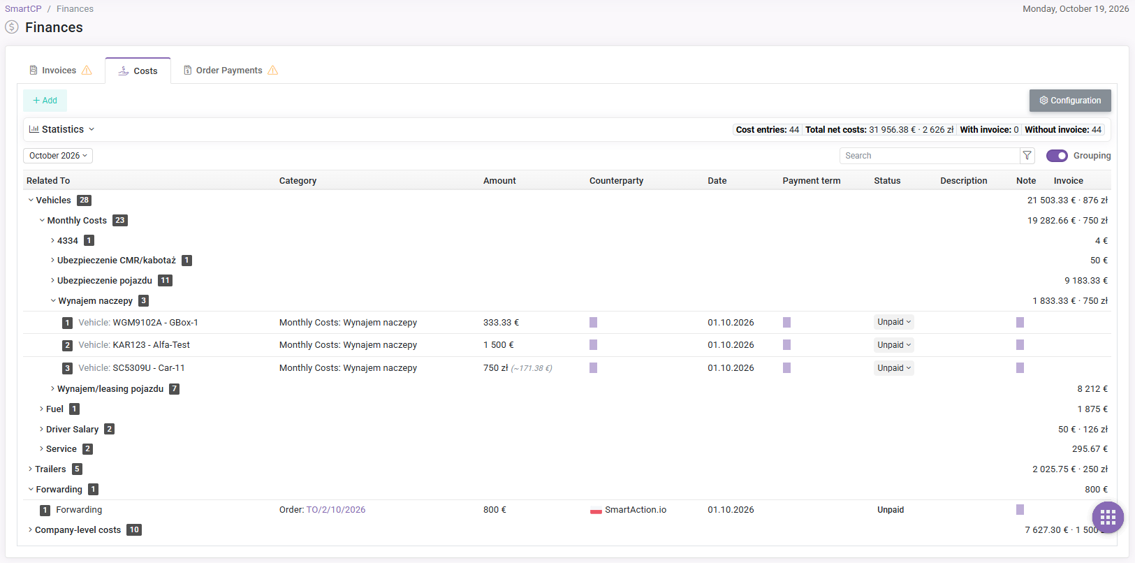 Grouped costs list with expandable groups and cost totals