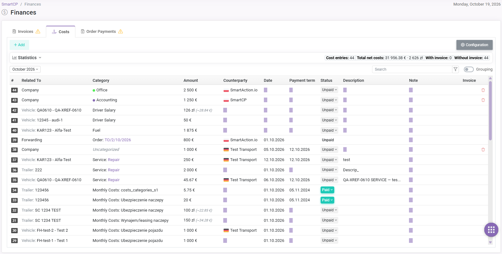 Costs list with categories, amounts, counterparties, payment details, and linked invoices