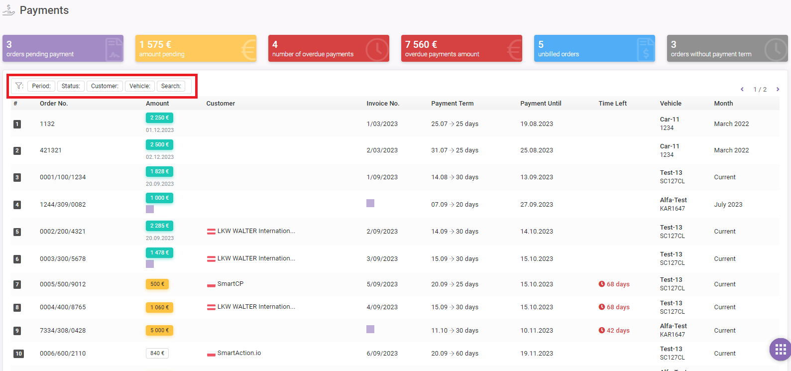 Filters on "Payments" page