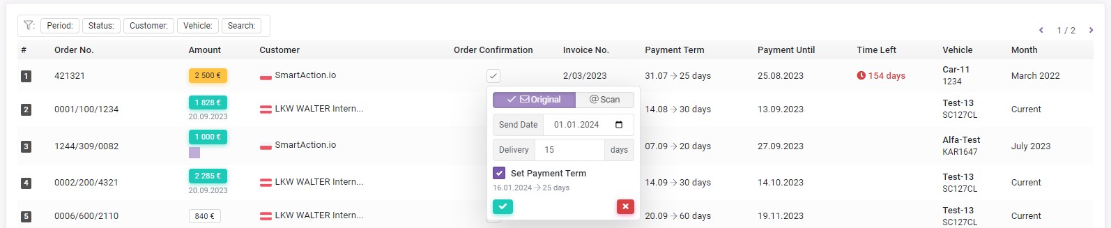 Order confirmation info on "Payments" page