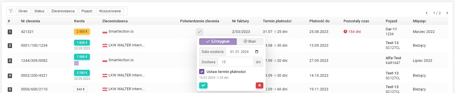 Informacje o potwierdzeniu zlecenia na stronie "Płatności"